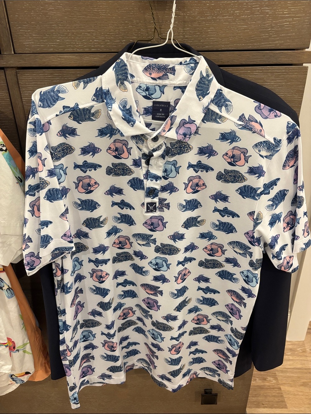 Men’s White Polo with Blue & Pink Fish Print